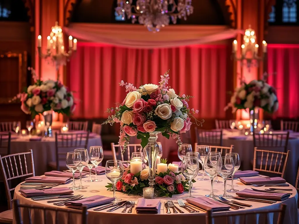 A beautifully decorated wedding reception table with floral arrangements and elegant tableware, capturing the essence of a sophisticated Edmonton wedding.
