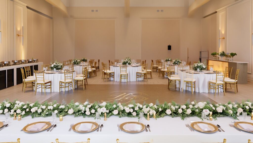 wedding reception layout with spaced round tables, dance floor, and head table setup