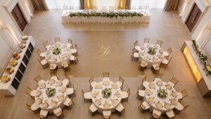 wedding reception layout with round tables around a central dance floor and head table