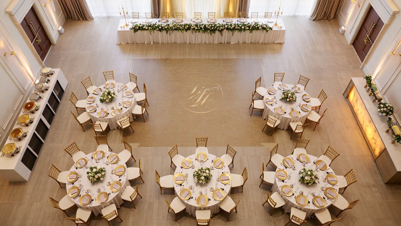 wedding reception layout with round tables around a central dance floor and head table