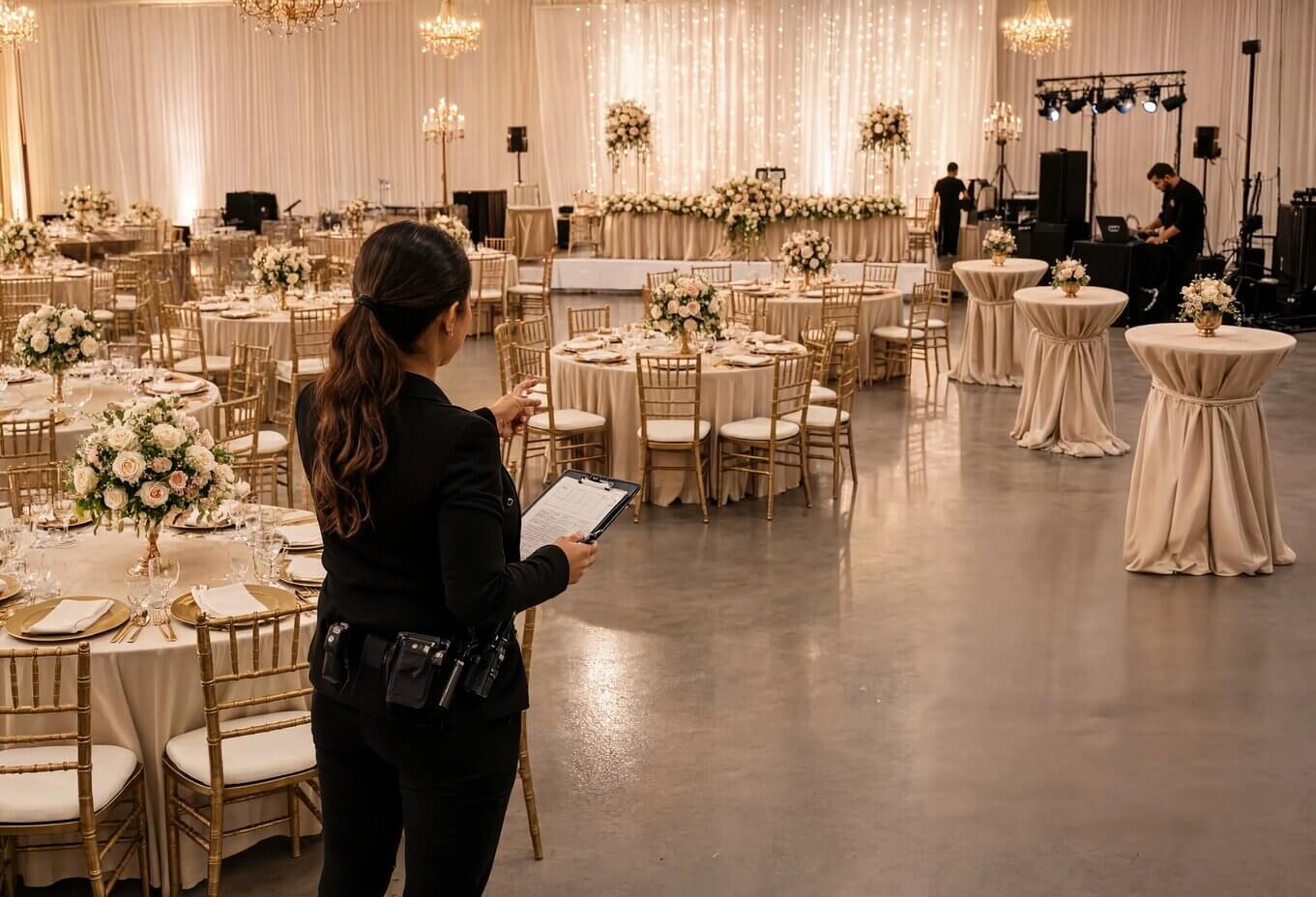 Wedding reception setup with round guest tables, cocktail tables, and banquet seating for a small wedding