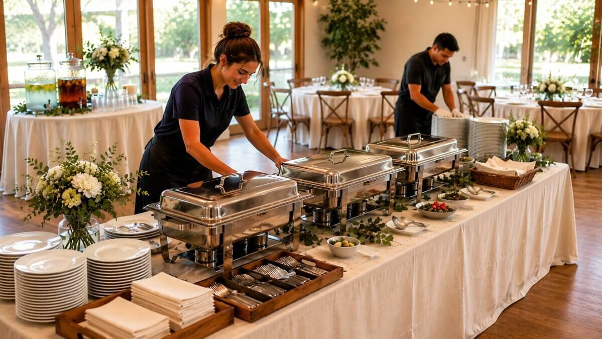 Event staff setting up buffet tables with chafing dishes and plates