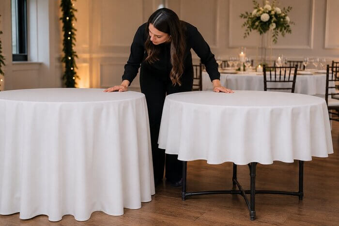 Comparing floor-length and mid-drop tablecloths on round event tables
