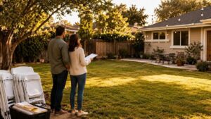 Couple planning a backyard wedding layout beside stacked folding chairs