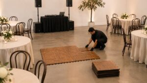 Event staff installing modular dance floor panels in a small reception venue