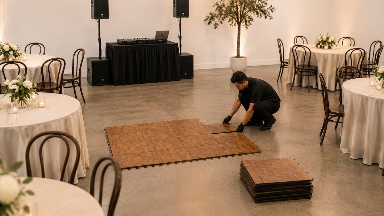 Event staff installing modular dance floor panels in a small reception venue
