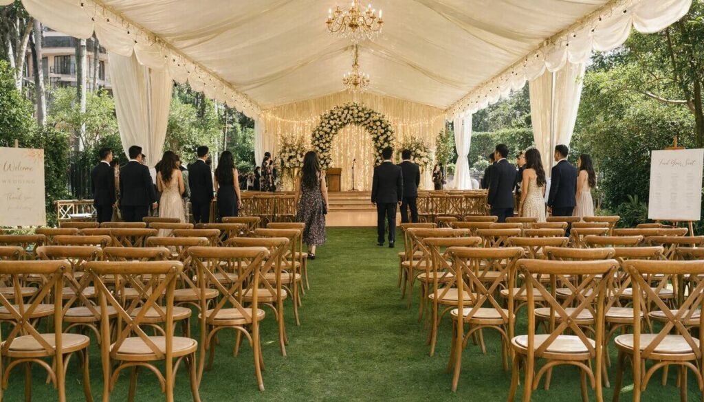 Outdoor wedding ceremony tent with rows of guest chairs and floral ceremony backdrop