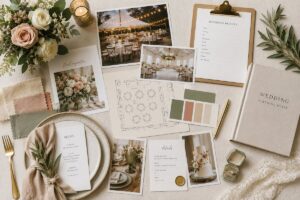 Wedding planning mood board with venue inspiration, floral samples, table settings, and budgeting materials