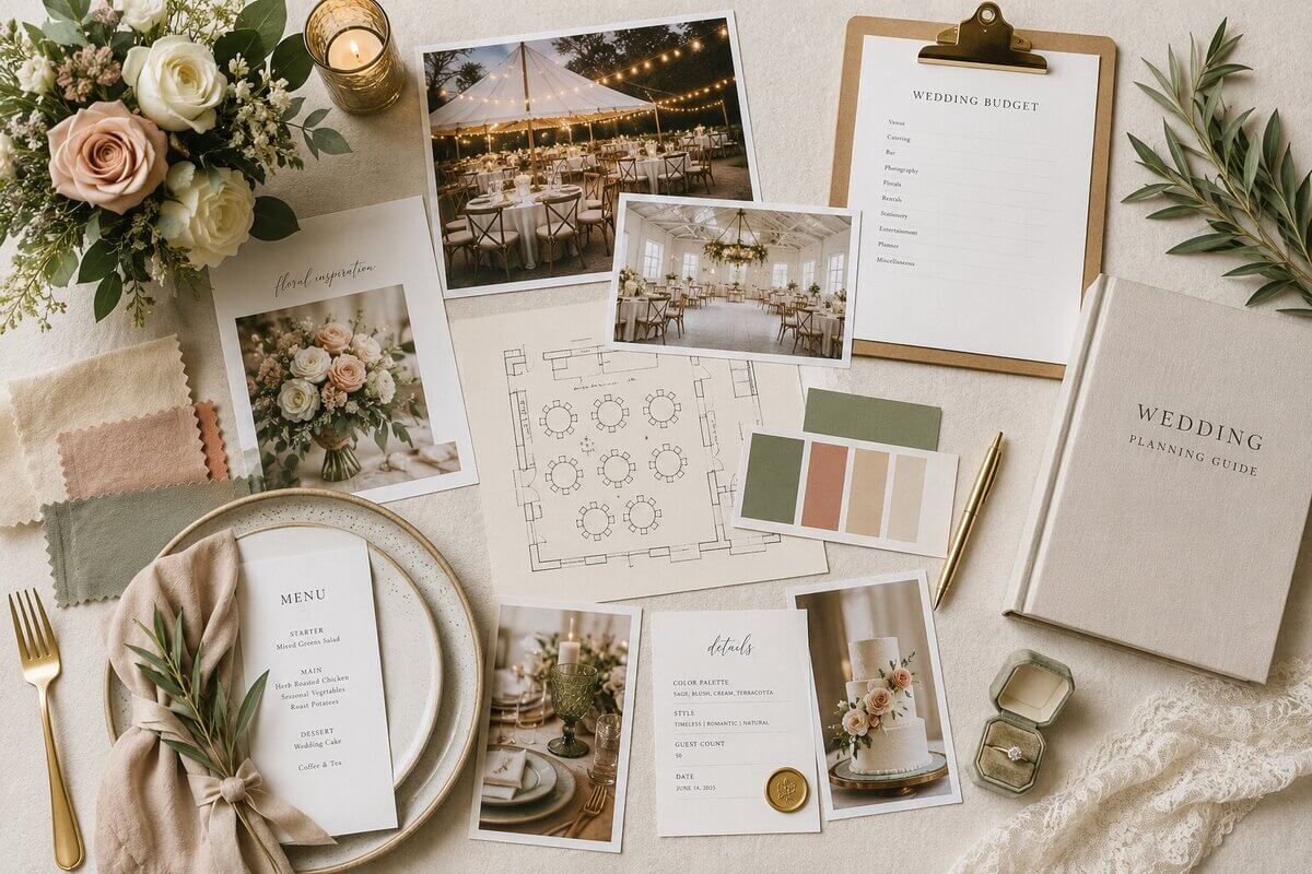 Wedding planning mood board with venue inspiration, floral samples, table settings, and budgeting materials