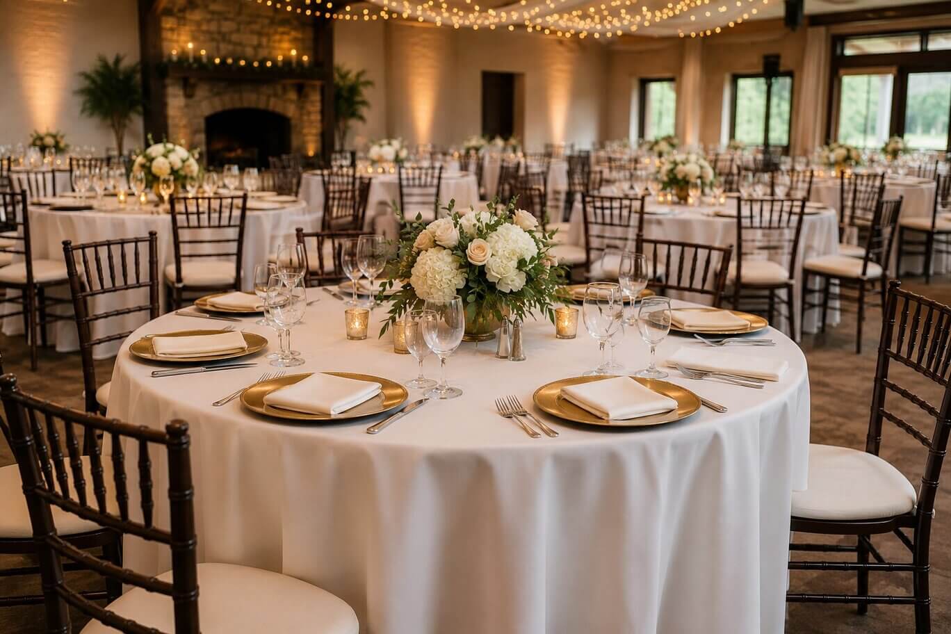 Round wedding reception tables with white floor-length tablecloths and formal place settings