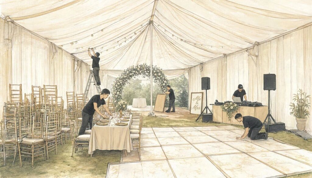 Wedding tent setup with dance floor, tables, lighting, and DJ area for an outdoor reception