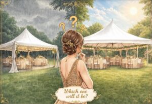 Bride comparing wedding tent sizes for an outdoor reception during sunny and rainy weather