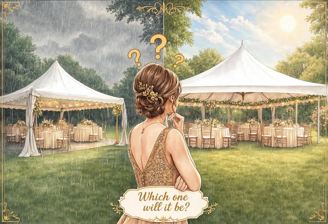 Bride comparing wedding tent sizes for an outdoor reception during sunny and rainy weather