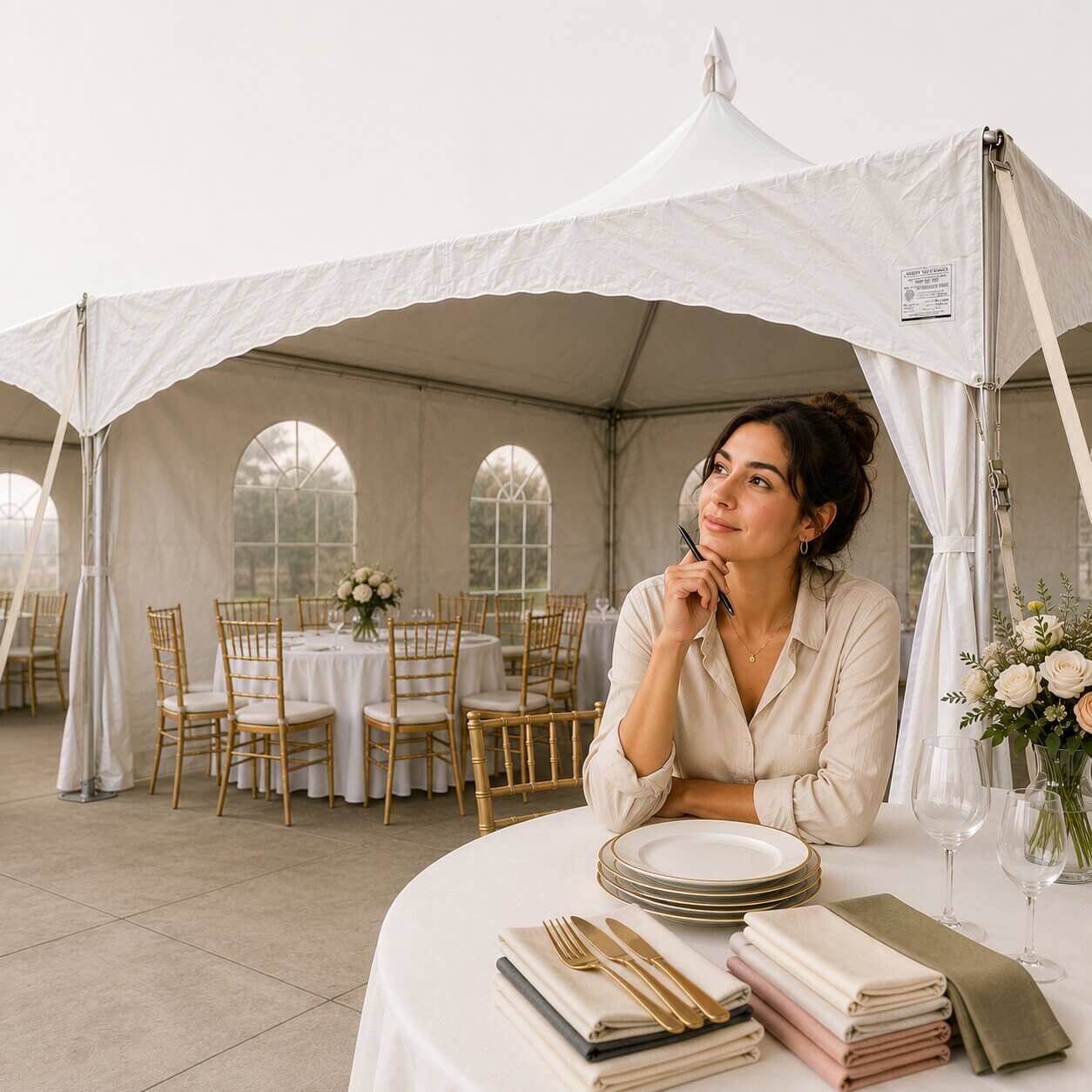 Completed GPLANN event setup with tent, tables and place settings
