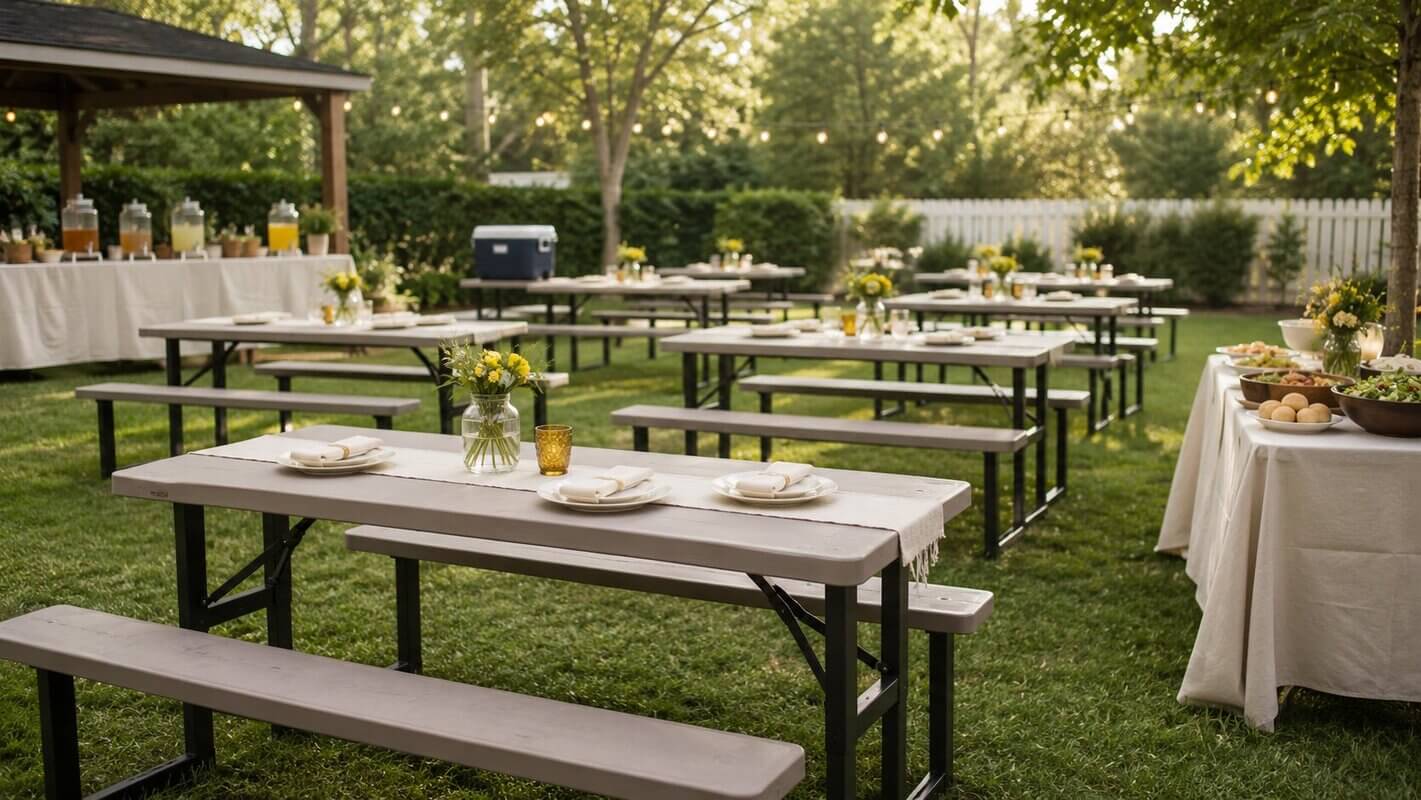 Outdoor party setup with picnic tables arranged on a lawn
