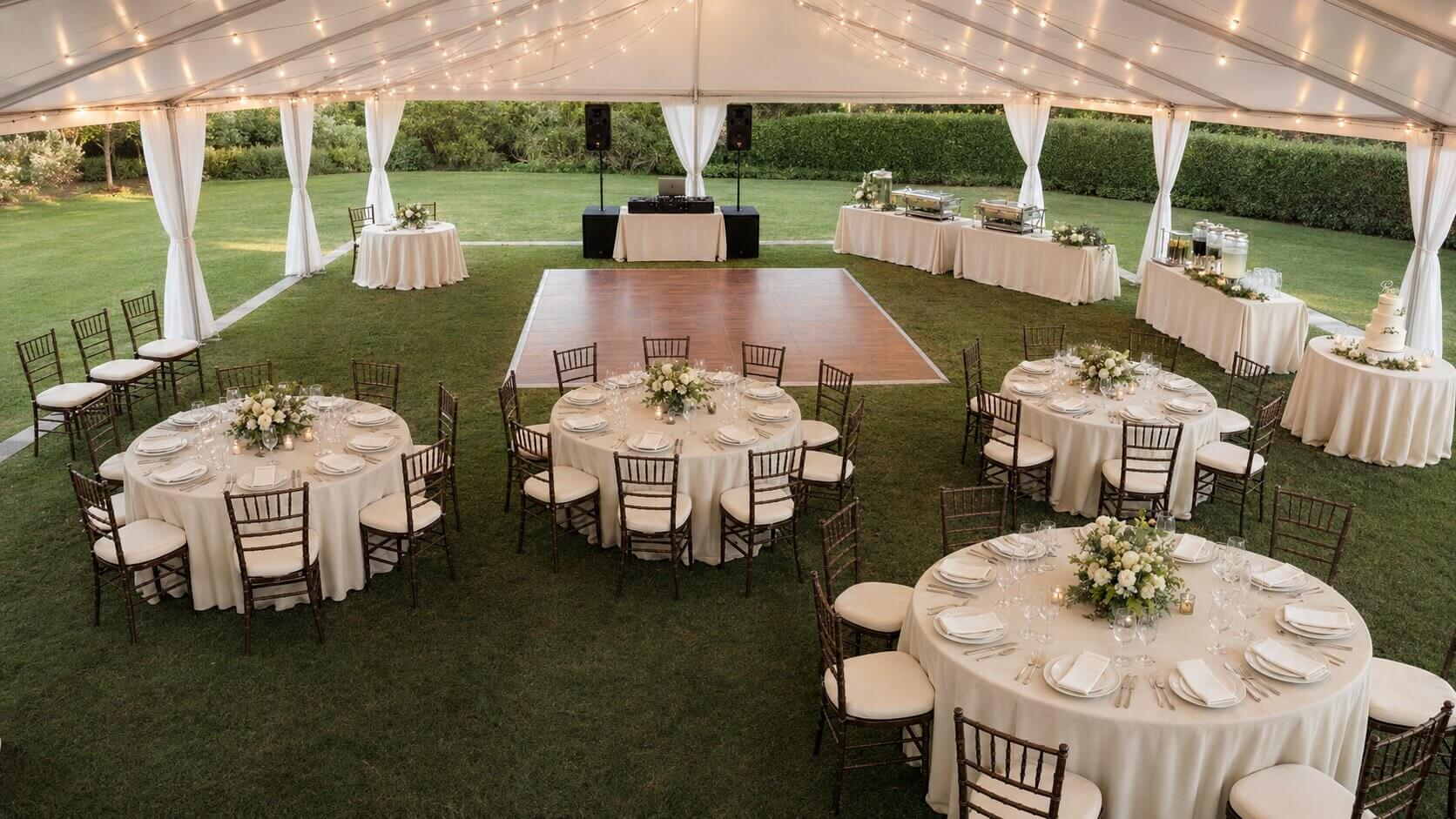 Wedding rental setup for 50 people under a white frame tent