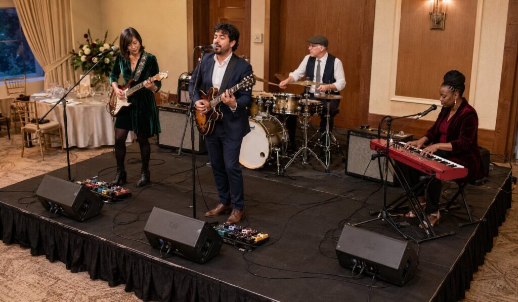 Band performing on a portable stage with monitors, amplifiers and cables