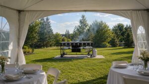 Commercial barbecue positioned outside and away from a party tent