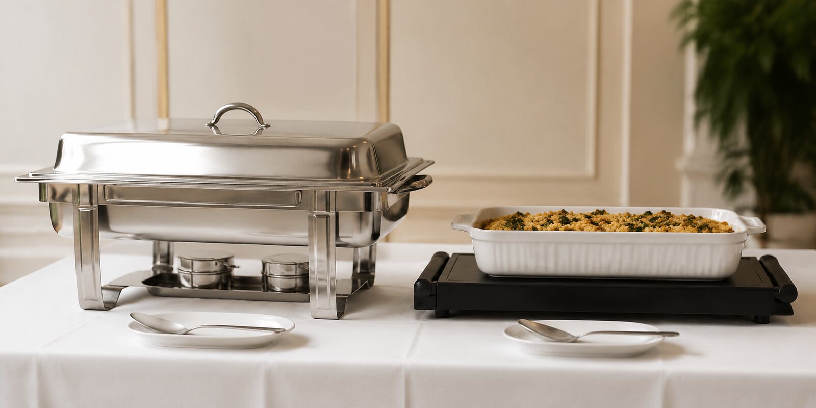 Chafing dish and electric warming tray prepared for event food service