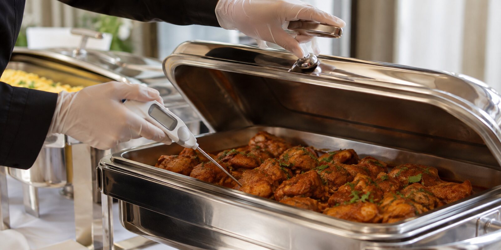 Checking hot buffet food with a digital food thermometer