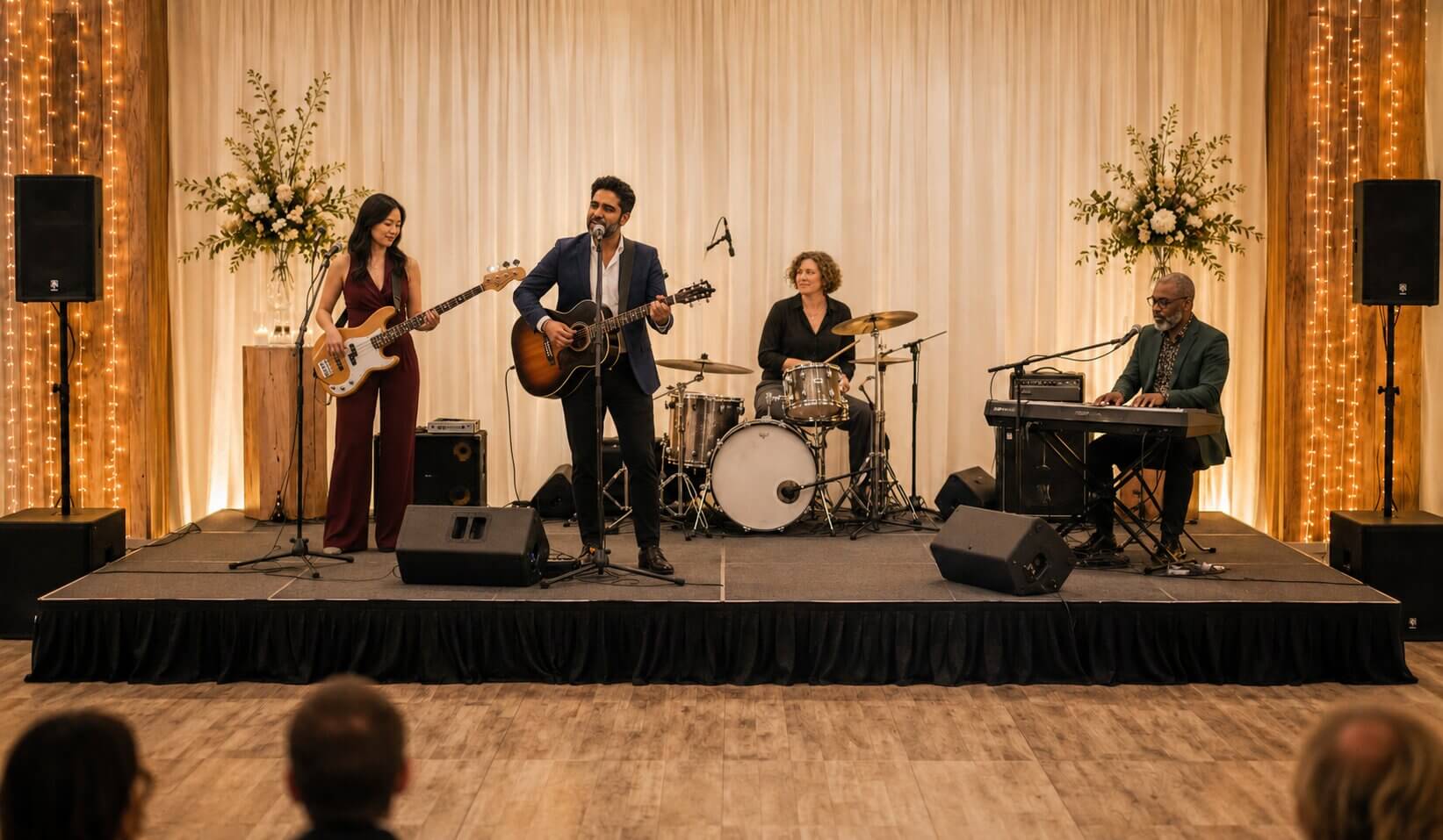 Four-piece band performing on a portable stage at a wedding reception