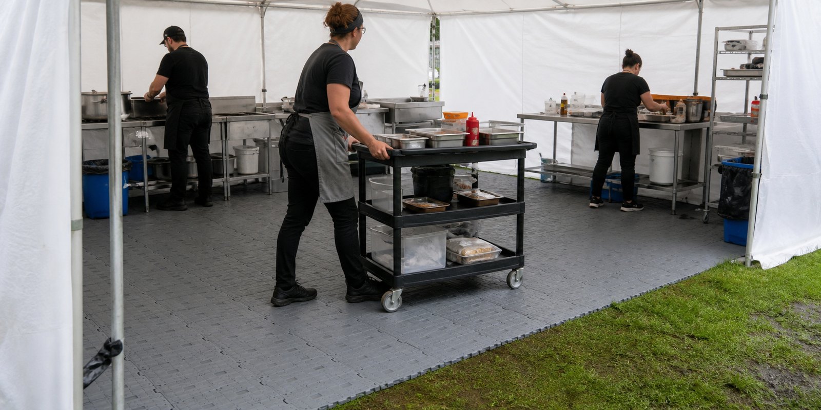Temporary subfloor panels supporting a food vendor workspace inside an event tent