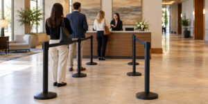 Retractable belt stanchions guiding guests toward an event registration desk.
