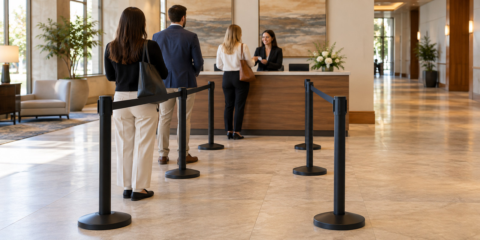 Retractable belt stanchions guiding guests toward an event registration desk.