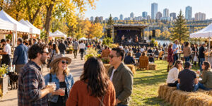 Guests enjoying an outdoor festival with vendors and live music