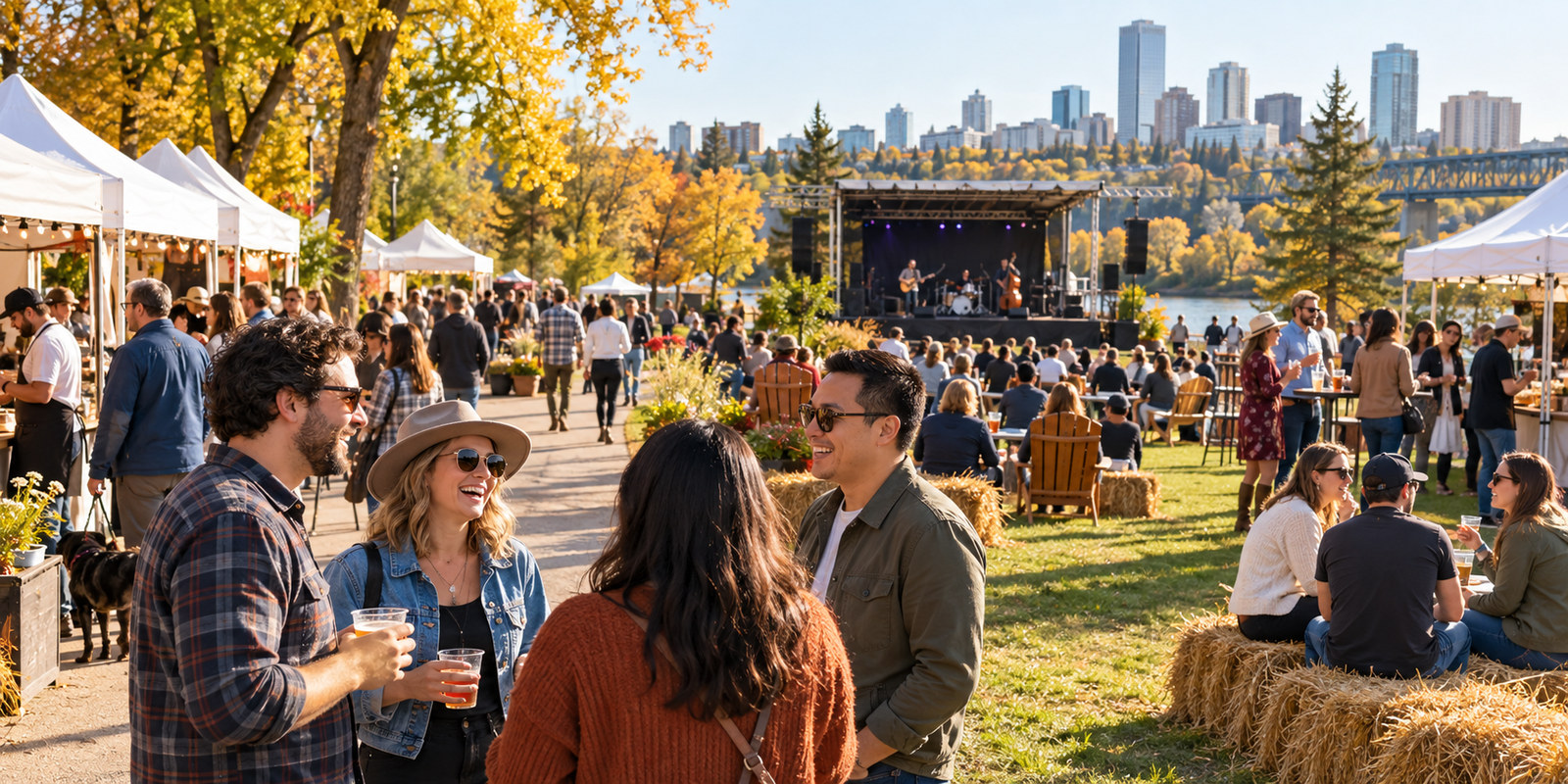Guests enjoying an outdoor festival with vendors and live music