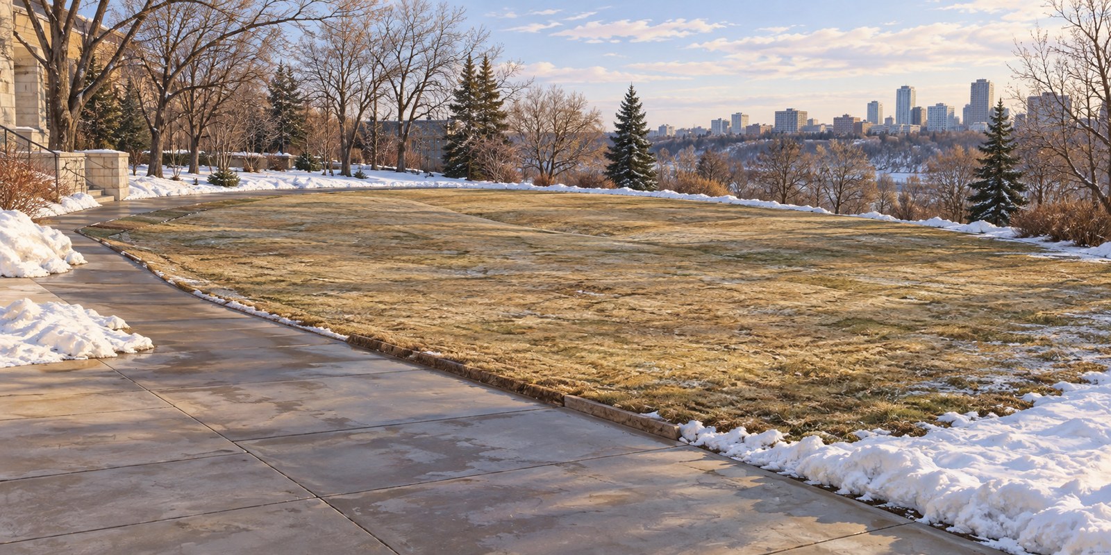 Illustrated winter lawn with uneven ground, a paved approach and snow along the edges.