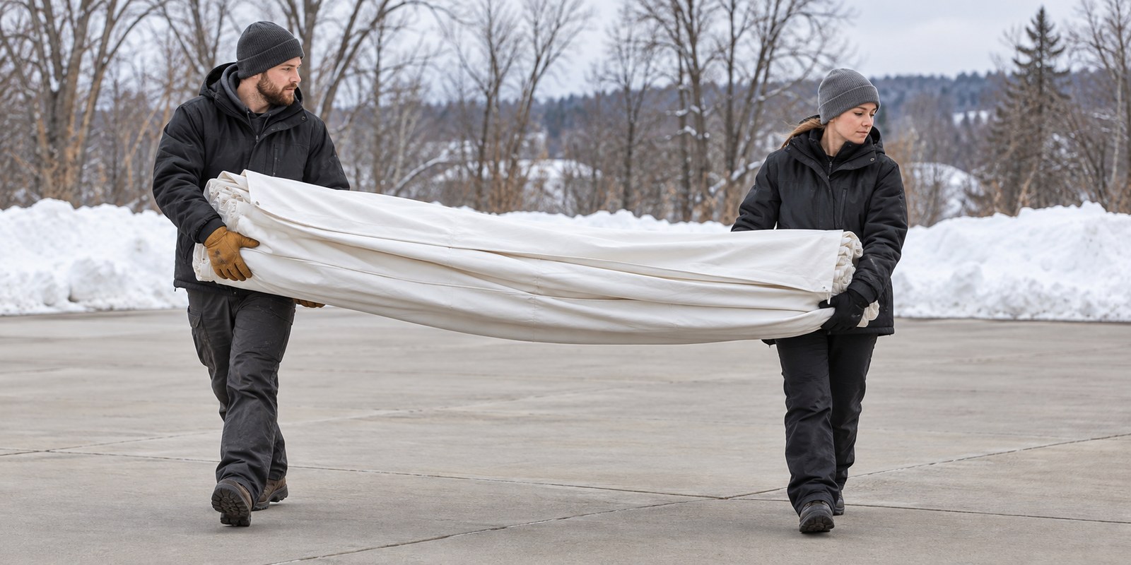 Two crew members in winter clothing carrying folded white tent fabric across cleared pavement.