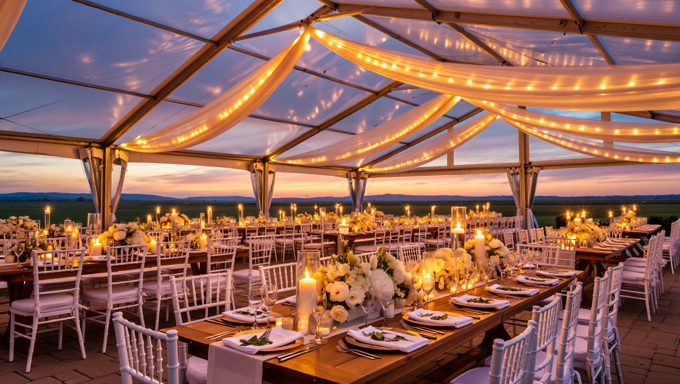 Wedding reception tables inside a clear tent at sunset