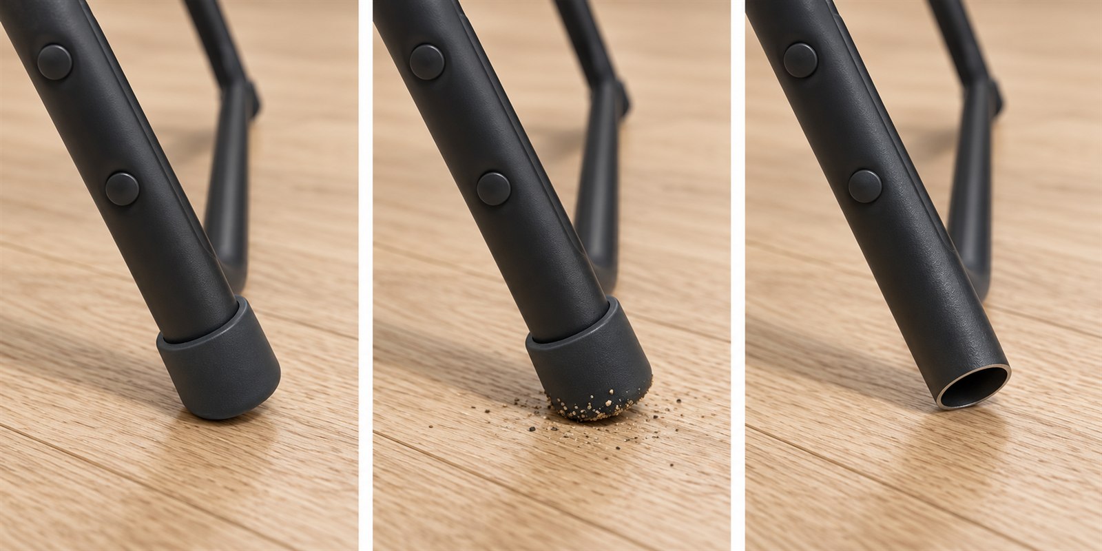 Chair-leg contact points with an intact foot, trapped grit and a missing foot