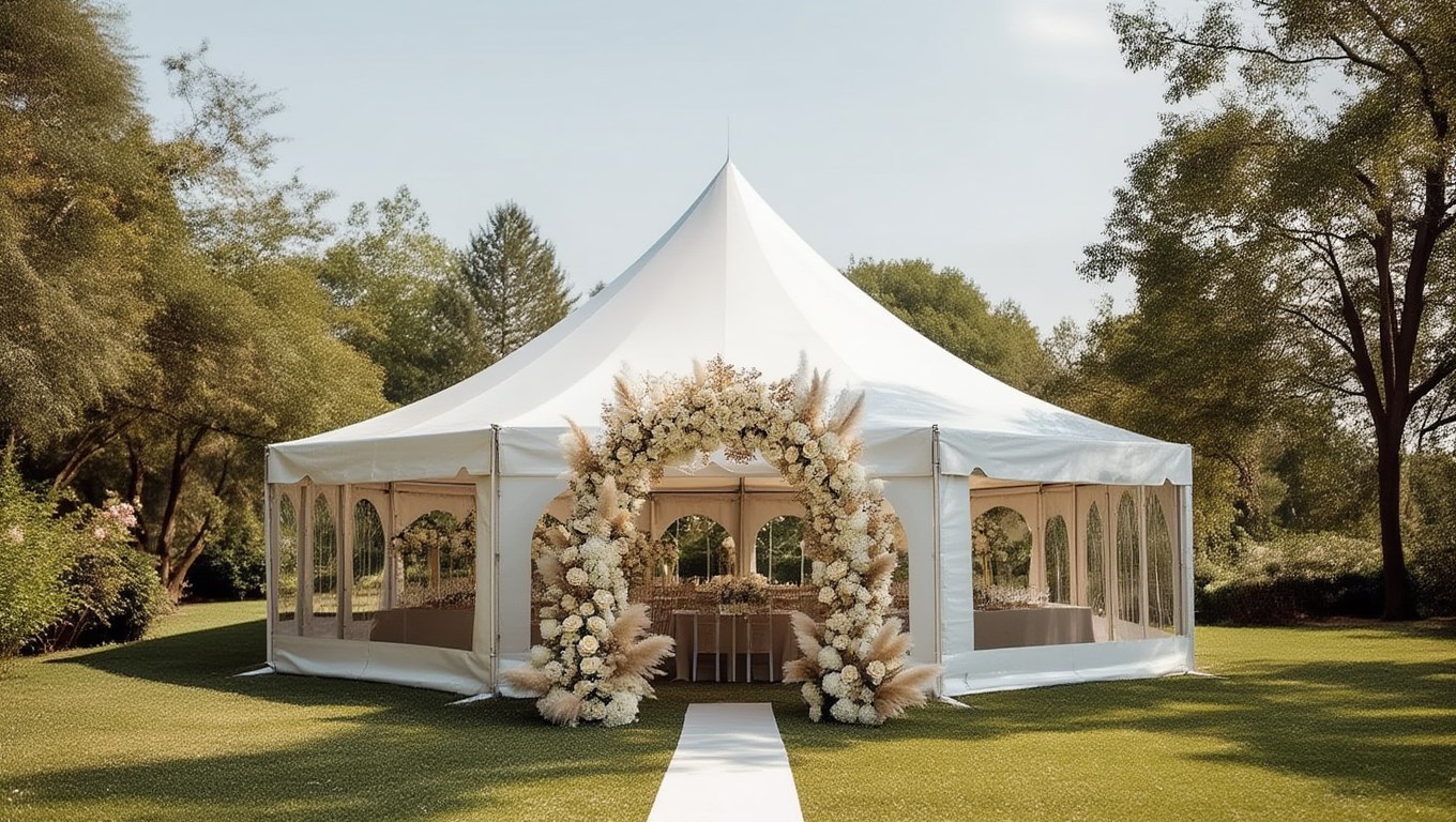 White event tent with a floral entrance on a lawn