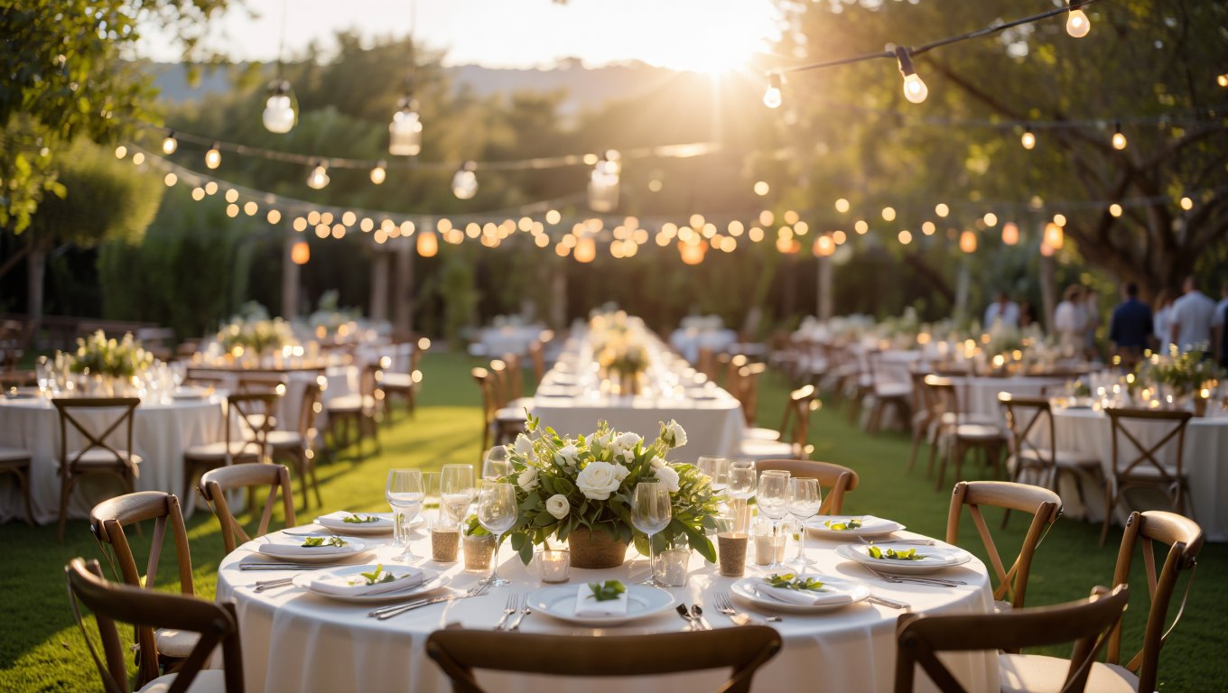 Outdoor wedding reception tables under string lights