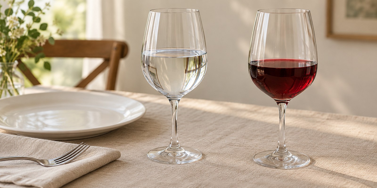 Two matching stemmed glasses holding water and red wine beside one place setting