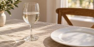 Water in a clear wine glass beside a dinner plate