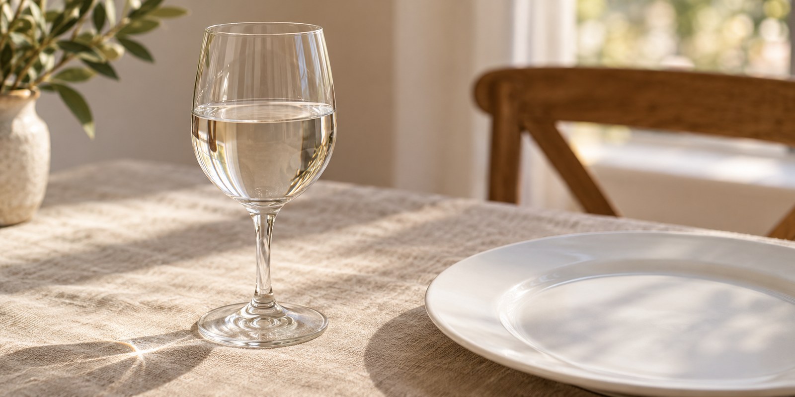 Water in a clear wine glass beside a dinner plate